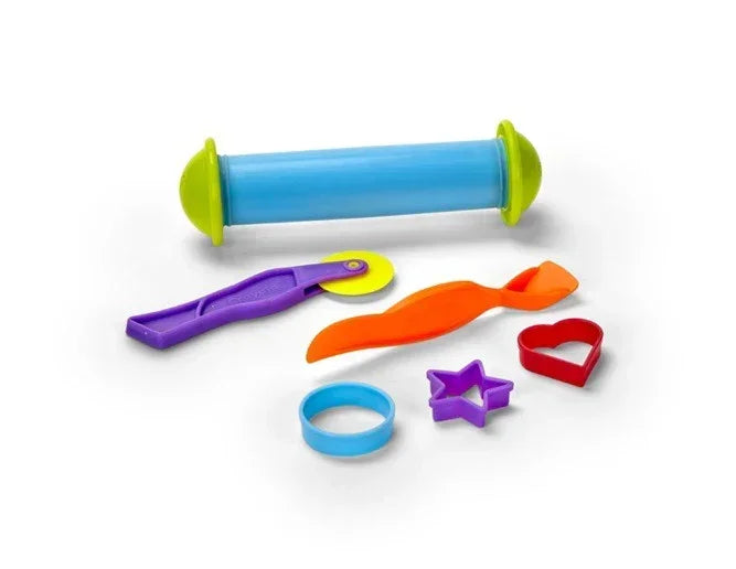 Colorful play dough tools set with roller, cutters, and shape molds for kids