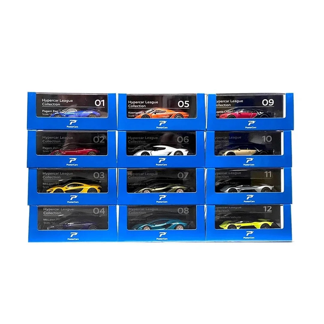 PosterCars 1:64 Hypercar League Collection – 12-Piece Diecast Supercar Set (Pagani, McLaren, Koenigsegg, Lamborghini, Bugatti, Aston Martin)