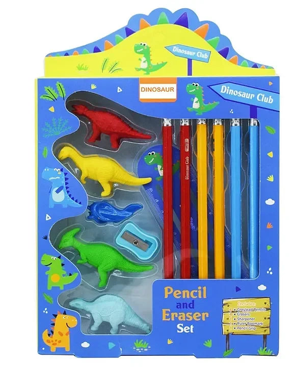 Little Tree Dinosaur Club Theme Pencil And Eraser 13 Pcs Combo Set - Jaiman Toys