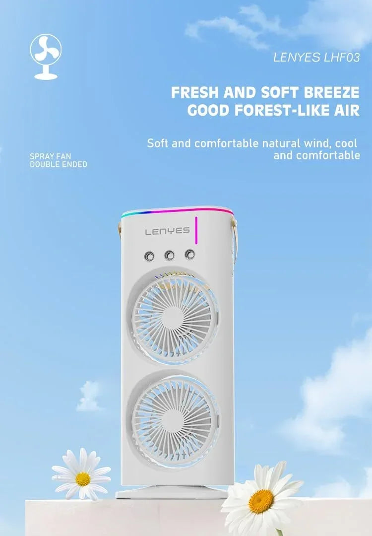Lenyes LHF03 Tower Dual Fan – Portable USB Fan with LED Lighting, 3 Speeds, 2 Light Modes, High-Speed Oscillation (White) - Jaiman Toys
