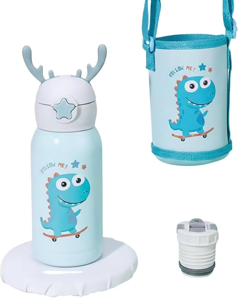 Kids Insulated Stainless Steel Water Bottle with Cup & Carry Pouch – Leakproof School Bottle (Dinosaur Design)
