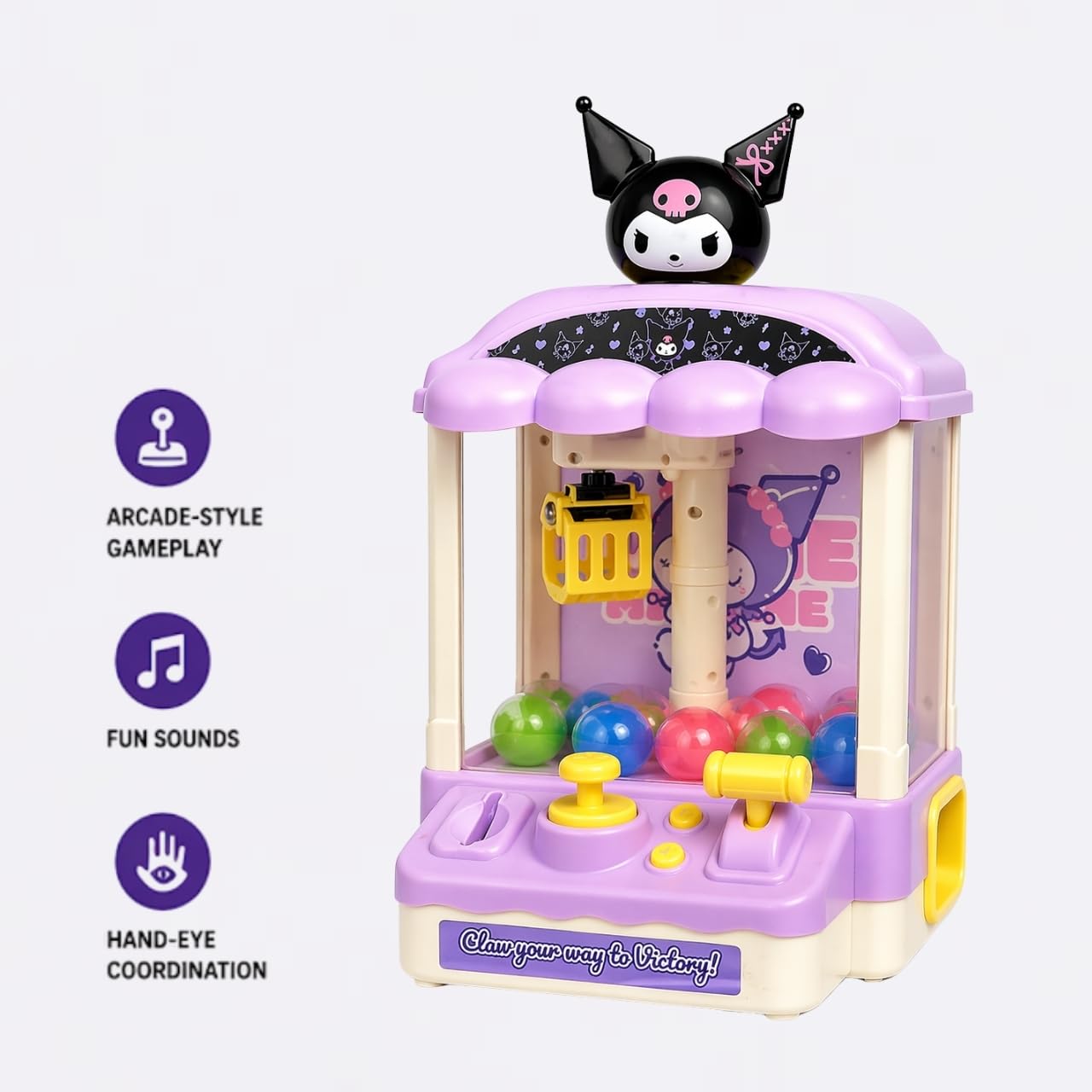 Kuromi Claw Machine - Mini Arcade Grabber Toy with Music & Lights, Coin-Operated Grab Game with Joystick Control, Interactive Toy Gift for Kids, Ages 3+ Years