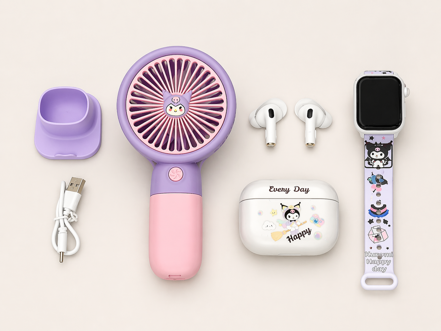 4-in-1 Kids Gift Set – Mini Handheld Fan, Smart Watch, TWS Earbuds & Charging Case (TWS-K55) Purple