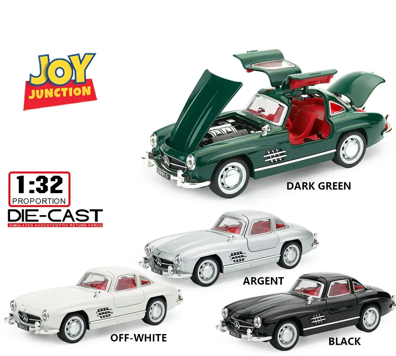 JOY JUNCTION Mercedes-Benz 300SL 1:32 Scale Alloy Metal Pullback Die-Cast Car β Black with Lights, Music & Openable Doors - Jaiman Toys