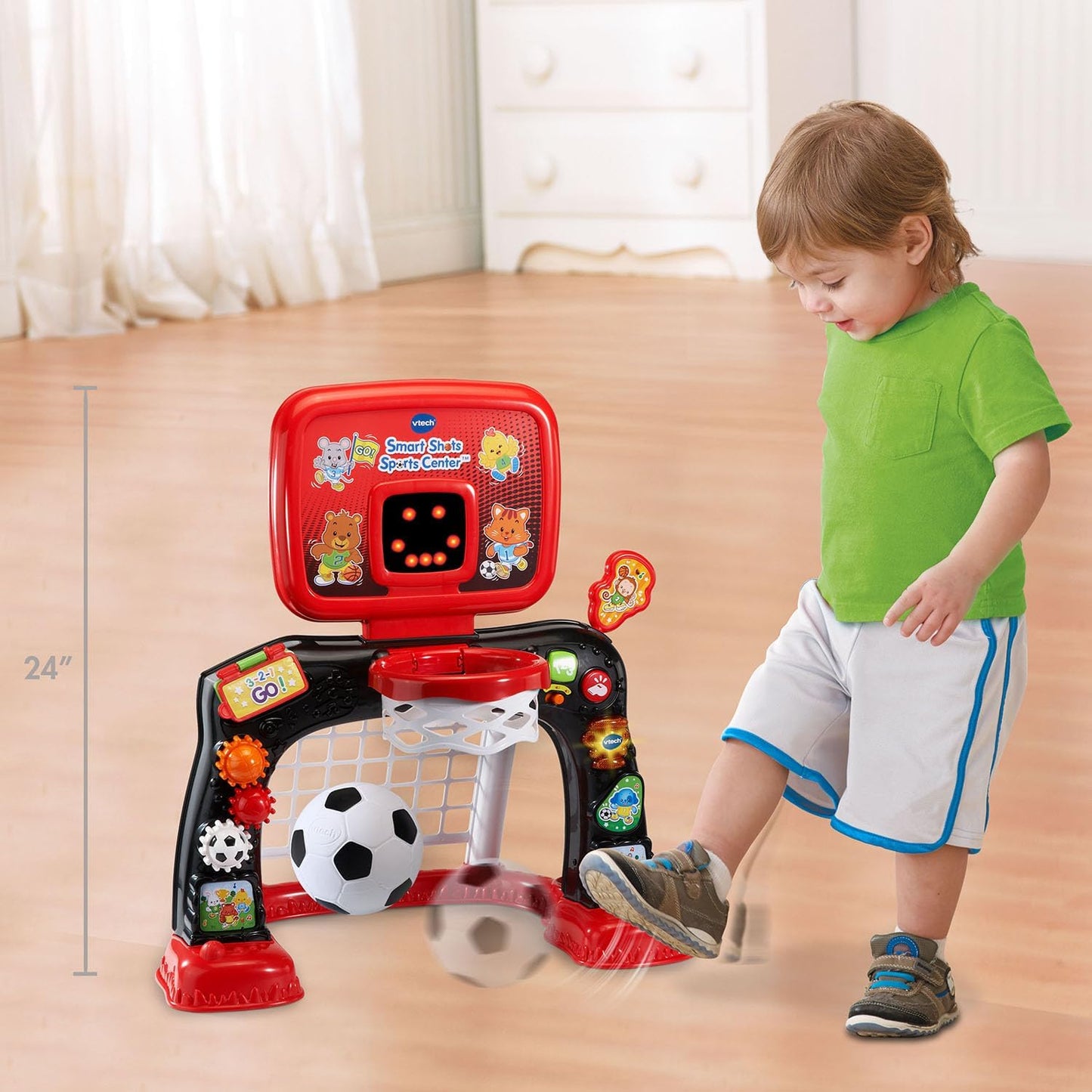 VTech Smart Shots Sports Center Interactive Basketball & Soccer Goal Set for Toddlers, Red | Lights, Sounds & Educational Sports Toy