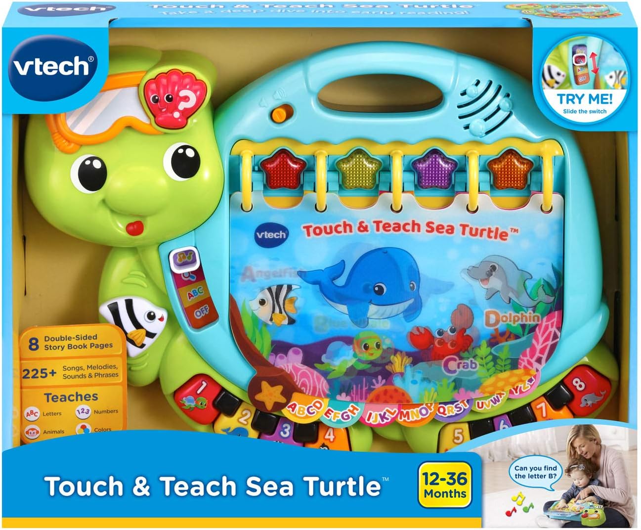 VTech Touch and Teach Sea Turtle Interactive Learning Book, Green | Educational Alphabet, Animal & Piano Toy with Lights, Sounds and Music for Toddlers