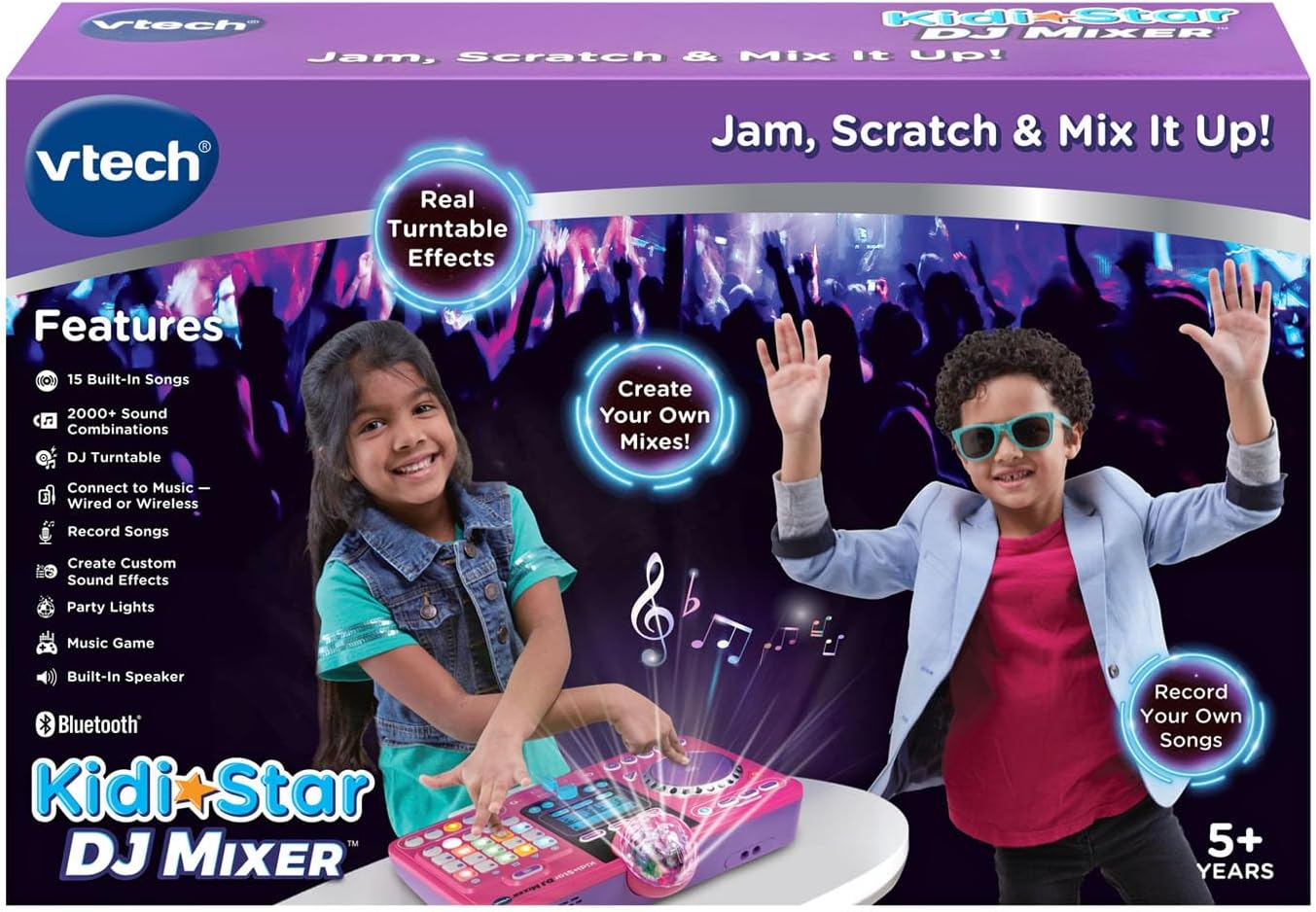 VTech Kidi Star DJ Mixer, Pink | Kids DJ Mixing Console with Bluetooth, DJ Turntable, Recording Studio, Sound Effects, Party Lights & Music Games | Interactive Music Toy