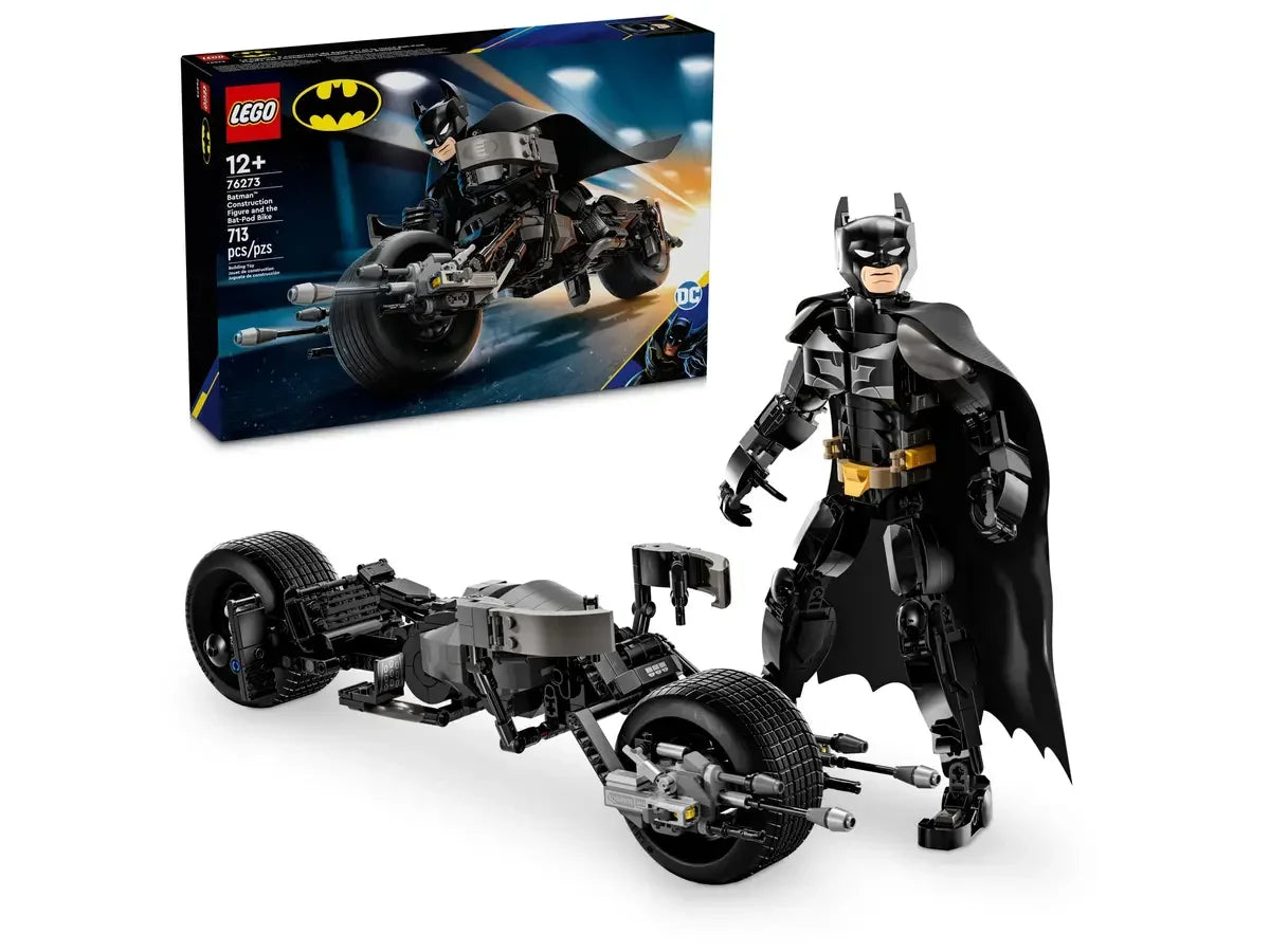 LEGO Batman action figure and Batcycle motorcycle building set for kids and collectors.