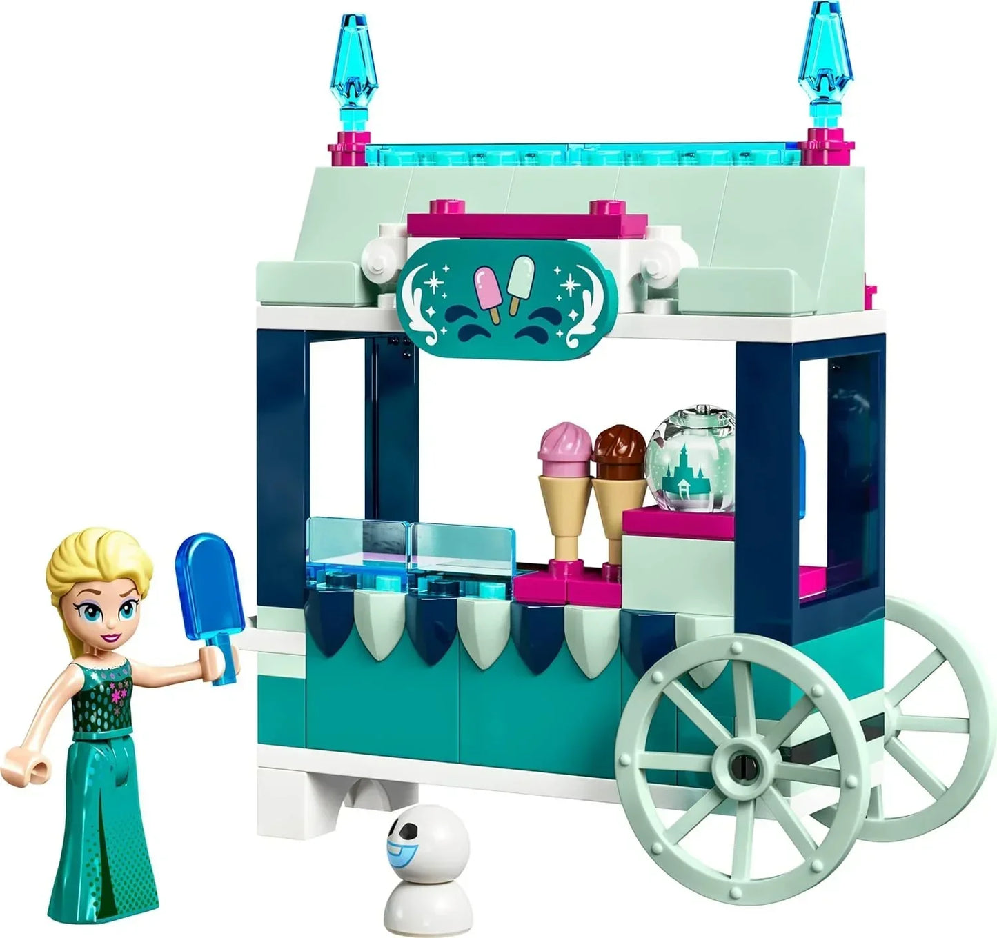 Frozen-themed LEGO ice cream cart building set with Elsa mini-doll and snowman figure