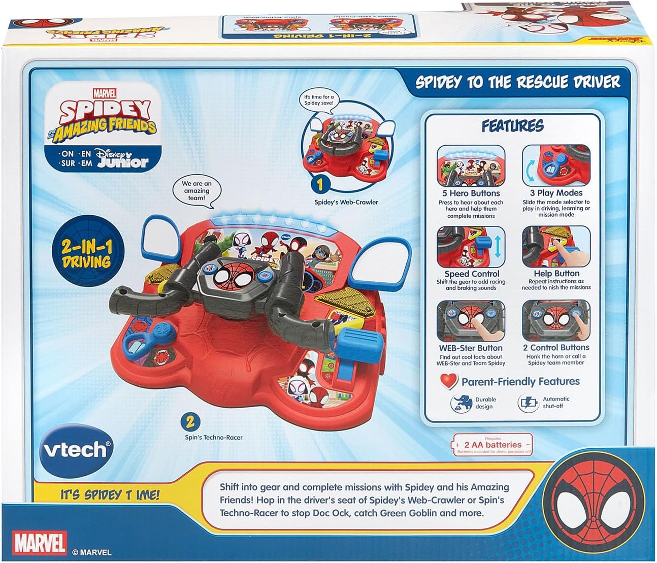 VTech Marvel Spidey and His Amazing Friends Spidey to the Rescue Driver | 2-in-1 Interactive Driving Toy with Steering Wheel, Lights, Sounds & 180+ Phrases