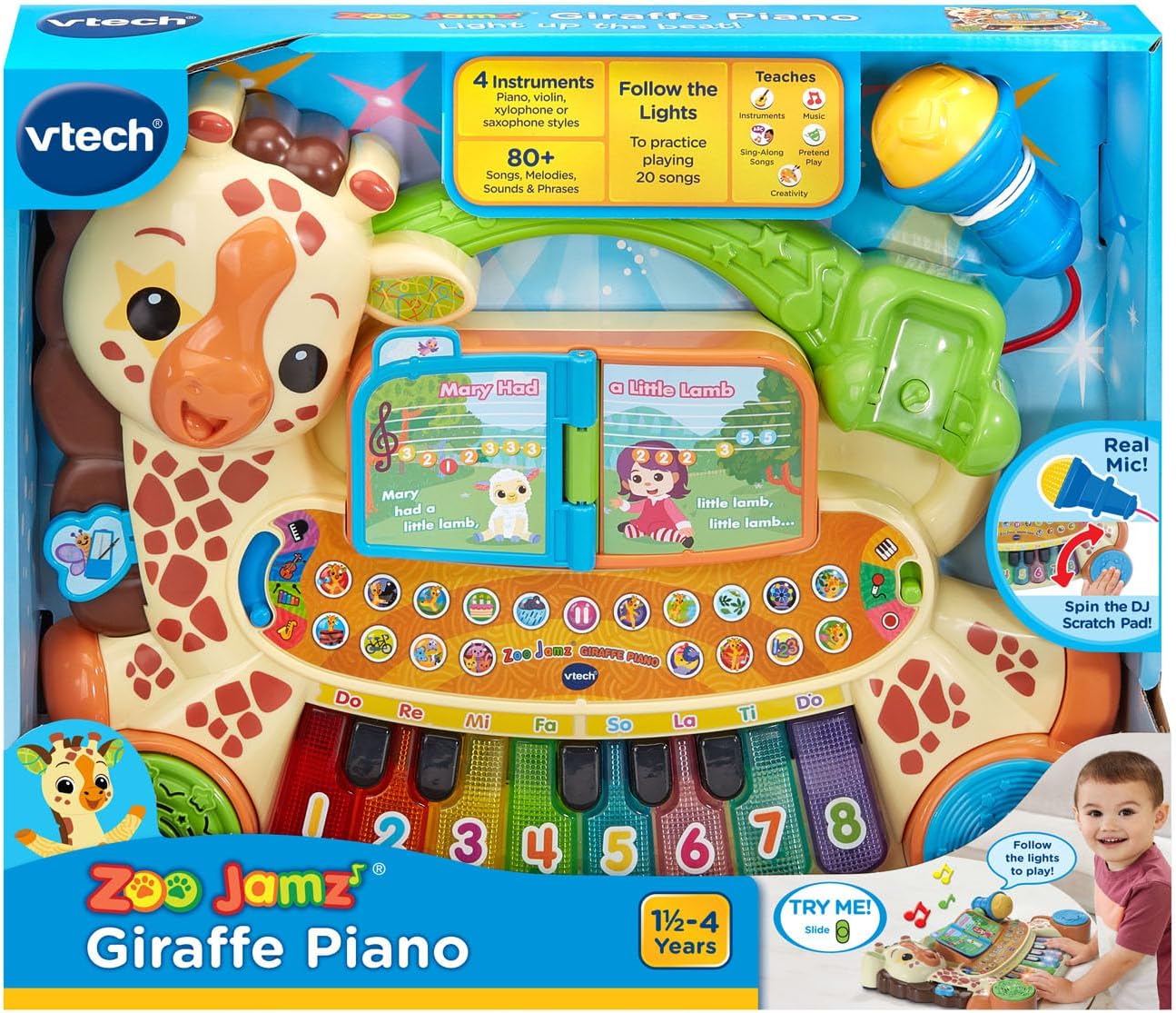 VTech Zoo Jamz Giraffe Piano | Interactive Musical Learning Piano with Light-Up Keys, Microphone, Songs, Animal Sounds & Music Activities for Toddlers