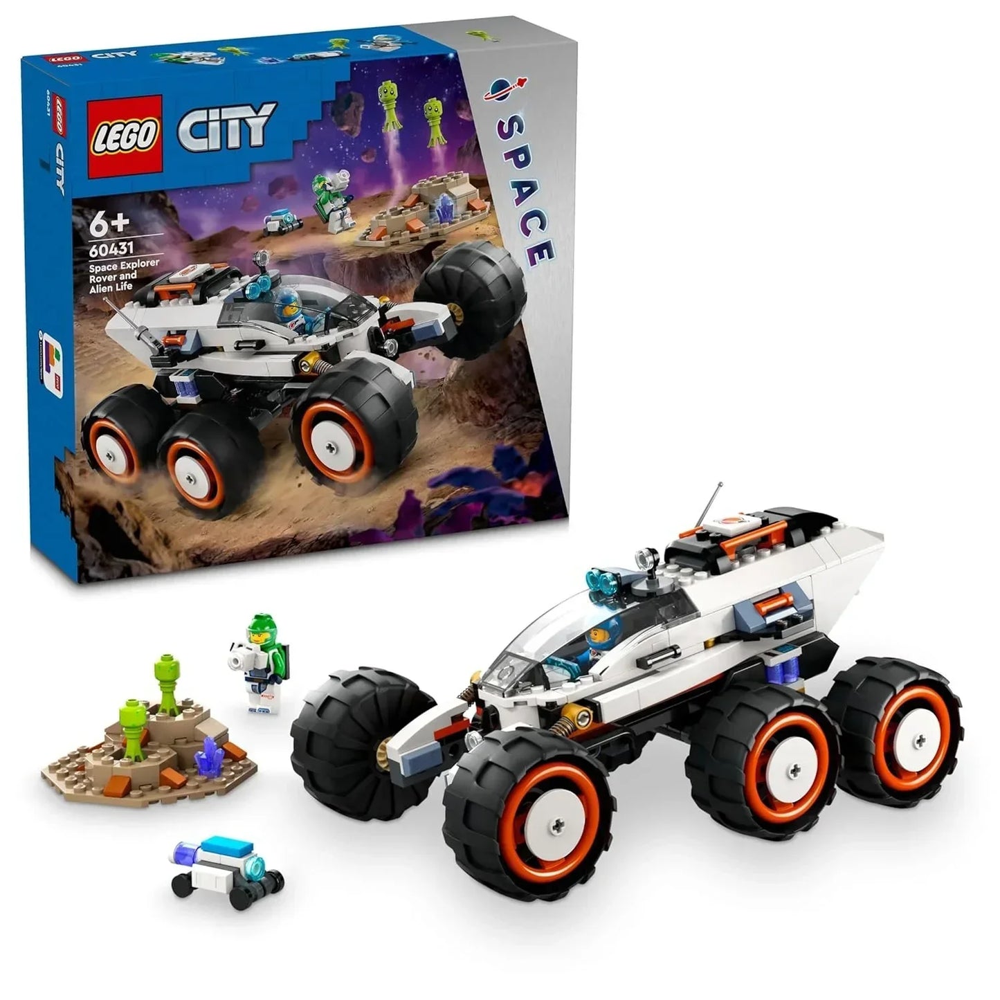 LEGO City Space Explorer Rover and Alien Life set with six-wheeled rover, alien figures, and box