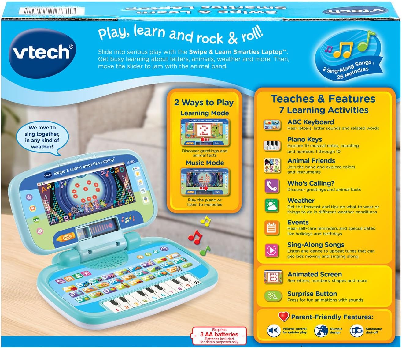 VTech Swipe and Learn Smarties Laptop | Interactive Educational Learning Laptop with ABC Keyboard, Piano Keys, Games & Music for Toddlers, Blue