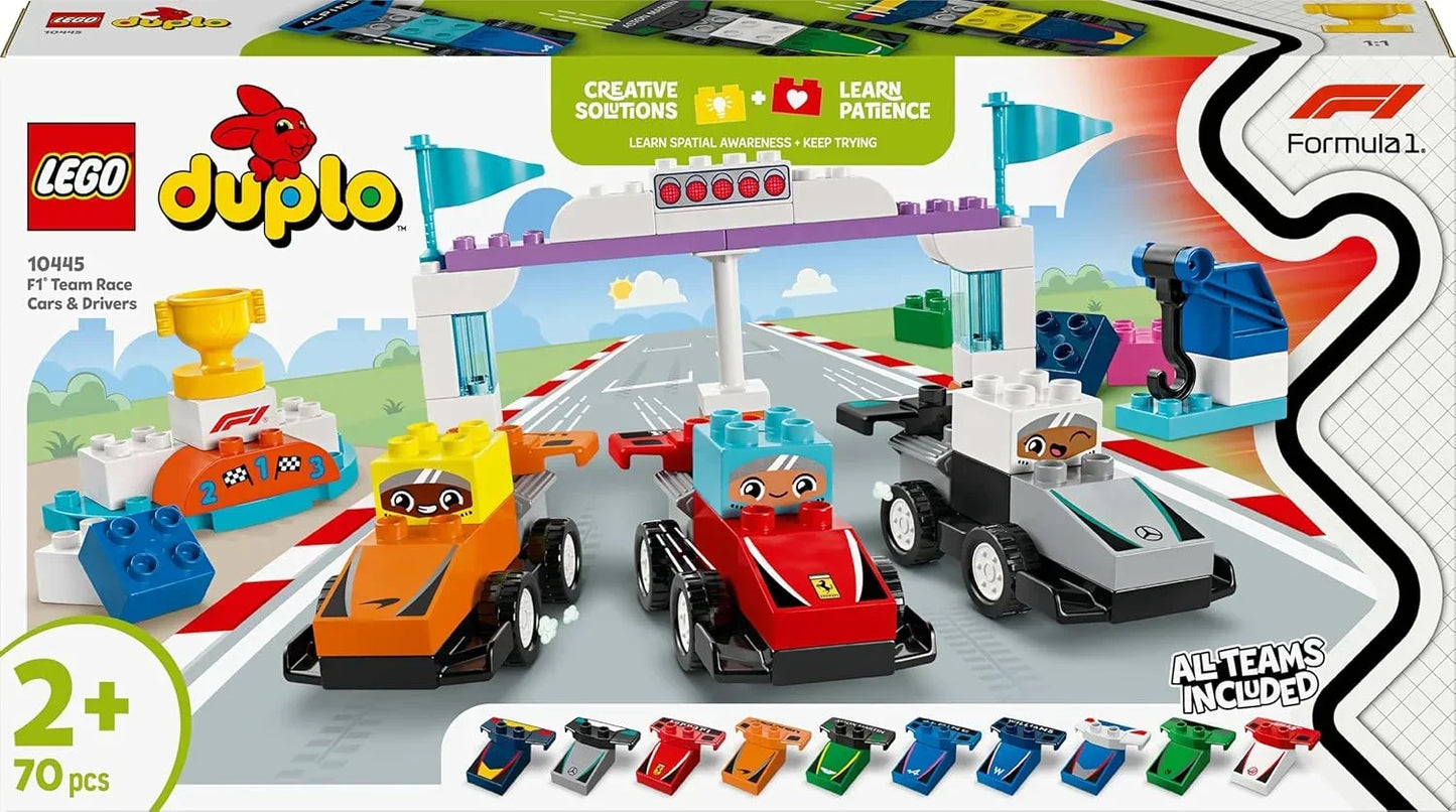 LEGO DUPLO 10445 Town F1 Team Race Cars & Drivers Building Toy for Imaginative Play, Formula One Birthday Gift for 2 Plus Year Old Toddlers, Boys & Girls, Helps Build Fine Motor Skills