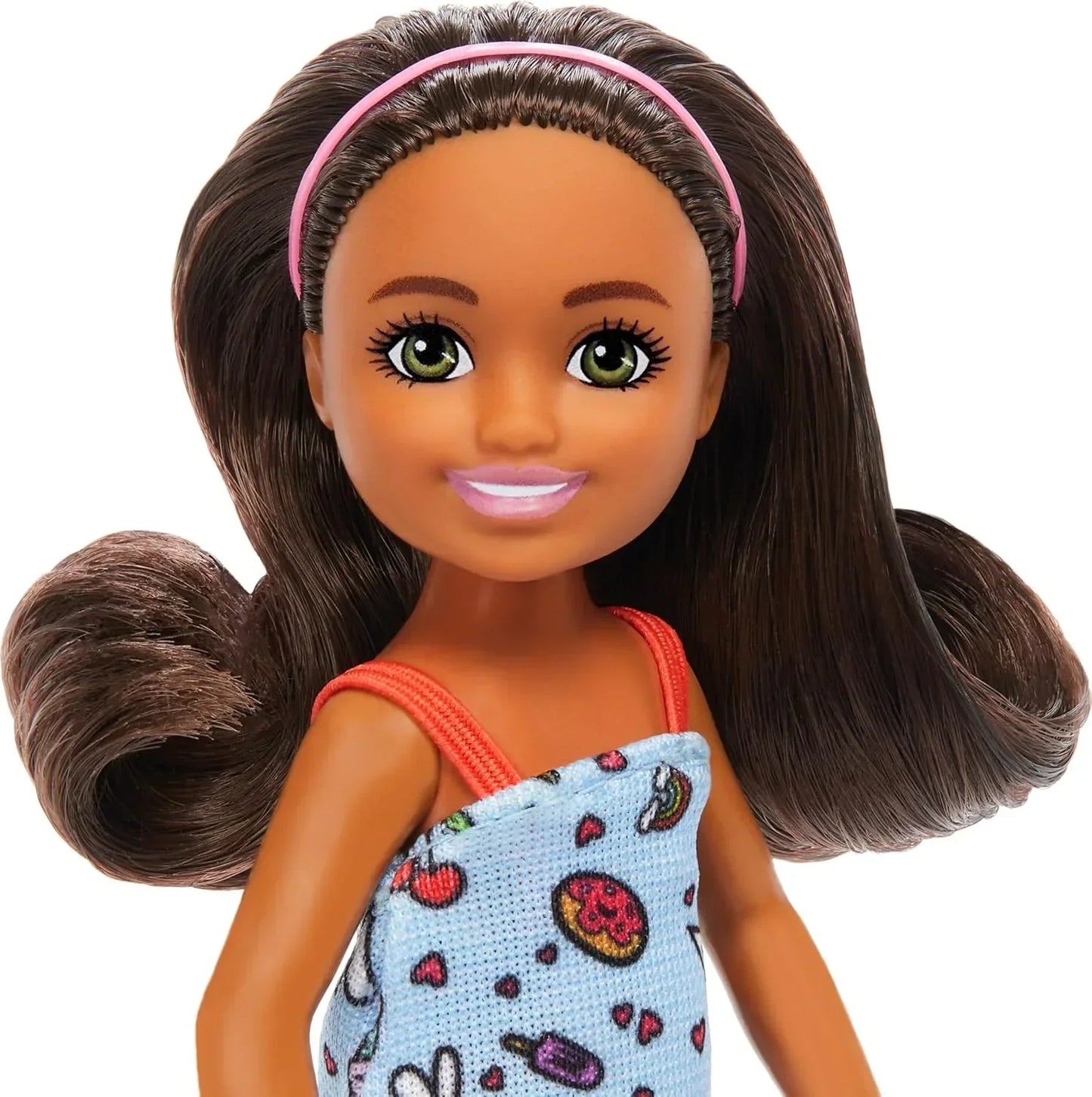 Barbie Chelsea Doll, Small Doll Wearing Removable Blue Dress with Colorful Print & Pink Shoes, Brown Hair & Green Eyes - Jaiman Toys