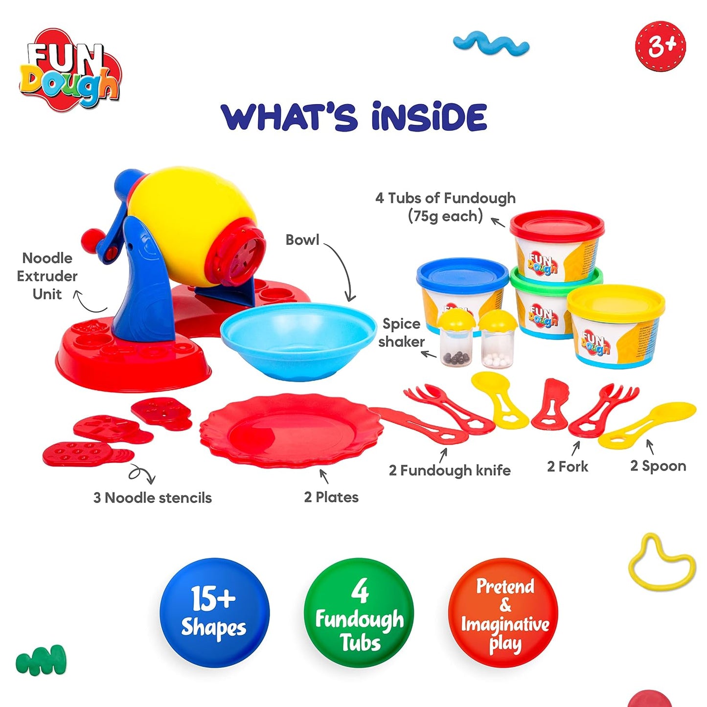 Funskool FunDough Noodle Party Playset | Dough Noodle Maker with 4 Dough Tubs & Accessories | Creative Pretend Food Play for Kids 3+