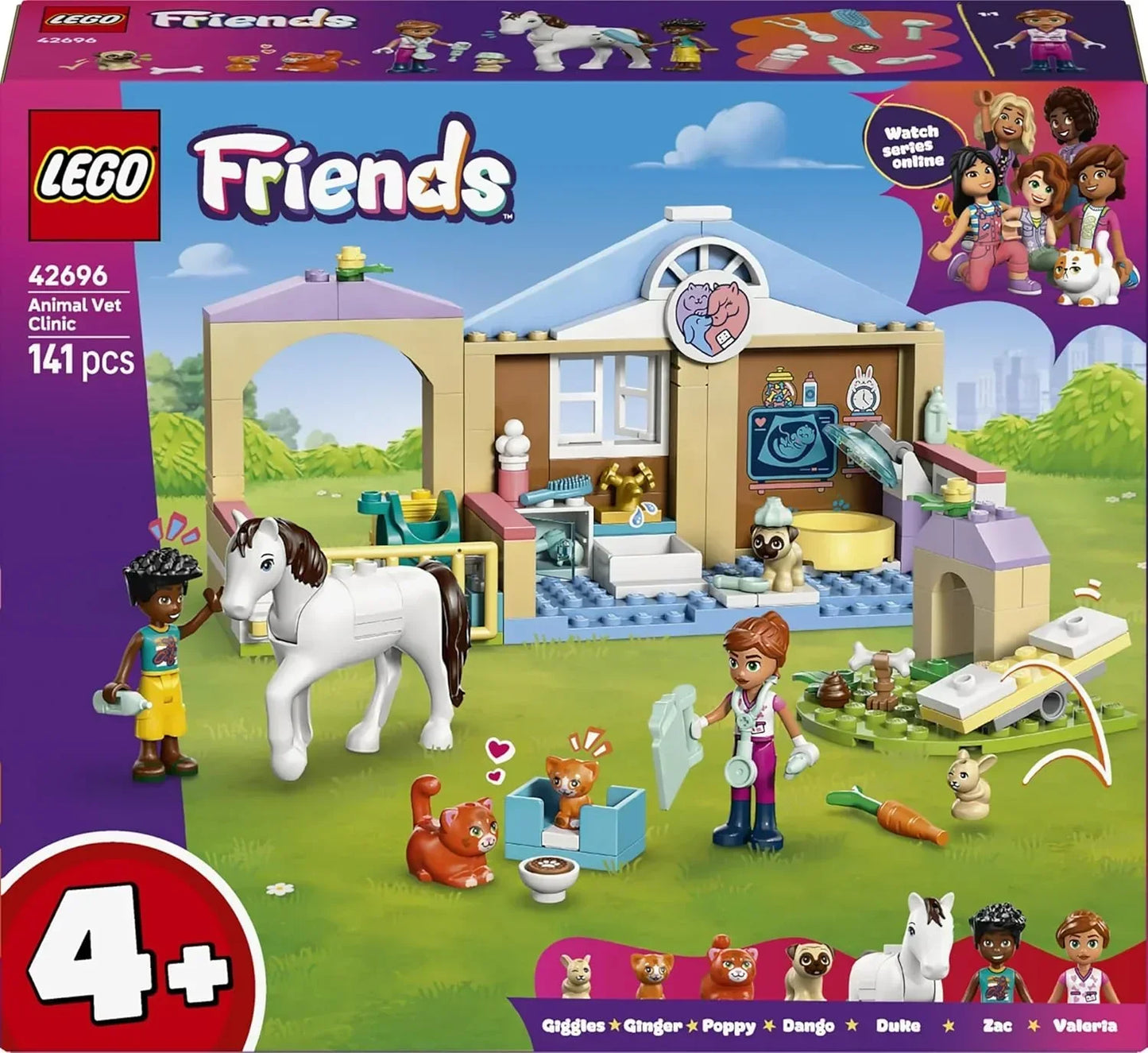 LEGO Friends 42696 Animal Vet Clinic - Educational Toy w/a Horse Stable, 2 Mini Dolls, Pet Dog, Bunny & Cat Figures Plus Accessories - Birthday Gift for 4+ Year Old Girls
