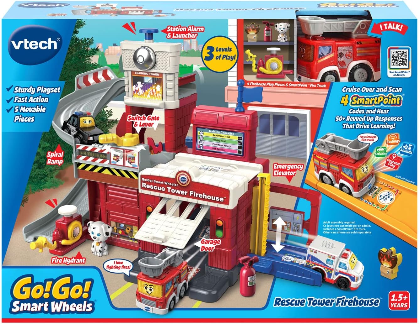 VTech Go! Go! Smart Wheels Rescue Tower Firehouse | Interactive Fire Station Playset with SmartPoint Fire Truck, Lights, Sounds & Rescue Missions for Toddlers