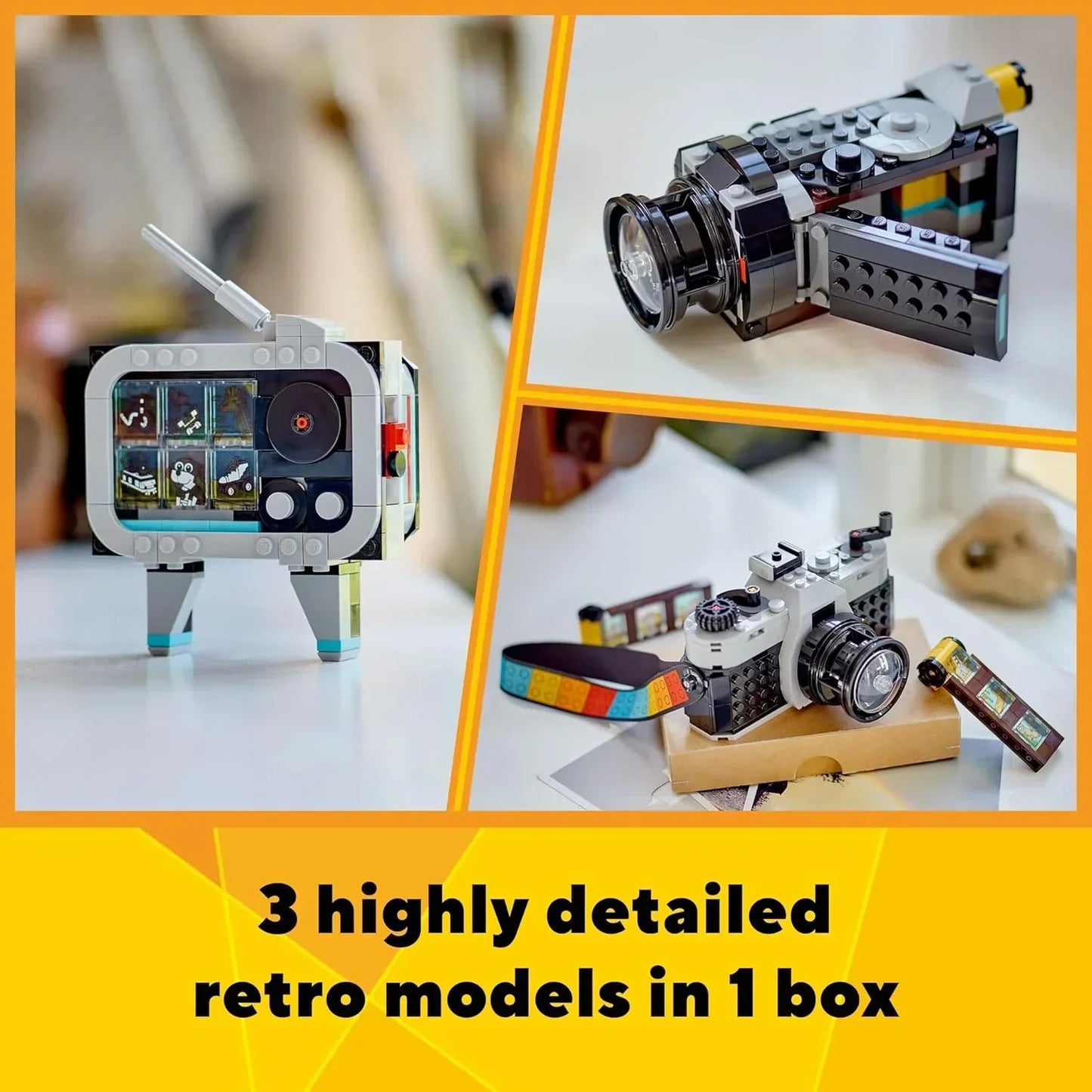 LEGO-style retro TV, film camera, and photo camera model toys displayed on a table.