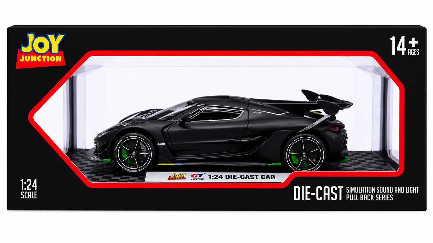 Joy Junction Koenig Smoke 1:24 Scale Die-Cast Hypercar Model with Sound & Light – Pull Back Metal Sports Car Toy for Collectors (Black)