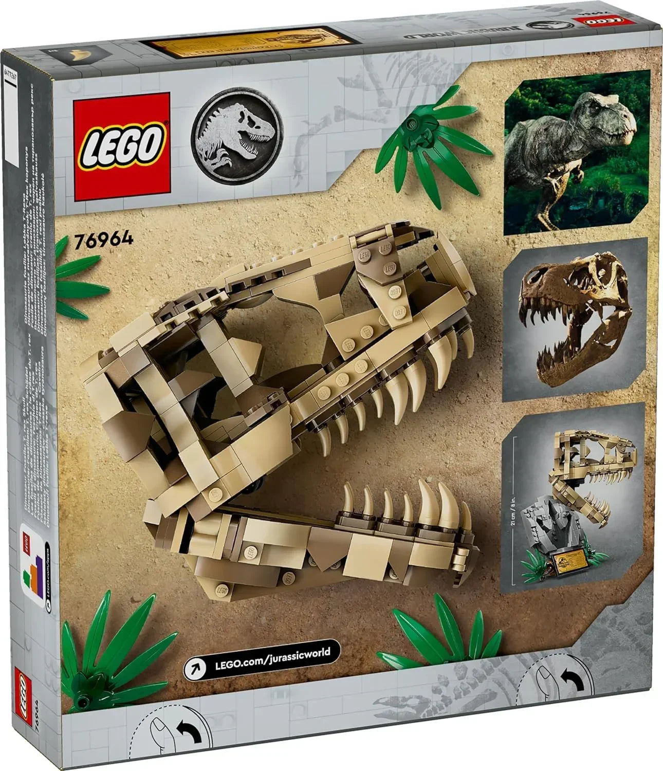 LEGO Jurassic World dinosaur skull building set with T. rex skull model on box
