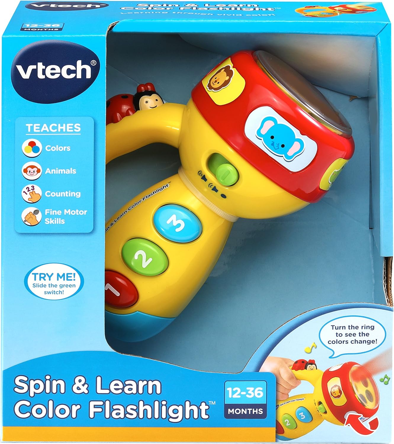 VTech Spin and Learn Color Flashlight | Interactive Educational Flashlight Toy with Colors, Numbers, Animals, Songs & Light-Up Learning for Toddlers