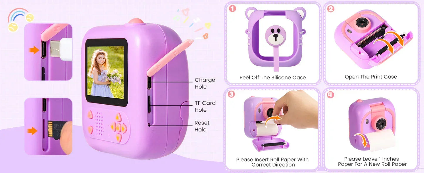 Instant Print Kids Camera – 48MP 1080P Video Toy with Rotating Lens & Rolls - Purple