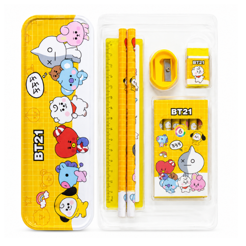 BT21 Premium Stationery Gift Set for Kids – Pencil Box with 2 Pencils, Ruler, Sharpener, Eraser & 6 Mini Colour Pencils | Cute School Supplies Kit