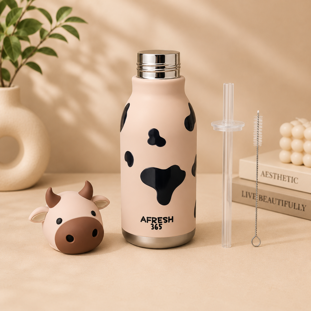 AFRESH 365 Animal Head Collection Cow Stainless Steel Vacuum Insulated Water Bottle 450ml (16oz) with Straw, Cleaning Brush & Carry Strap