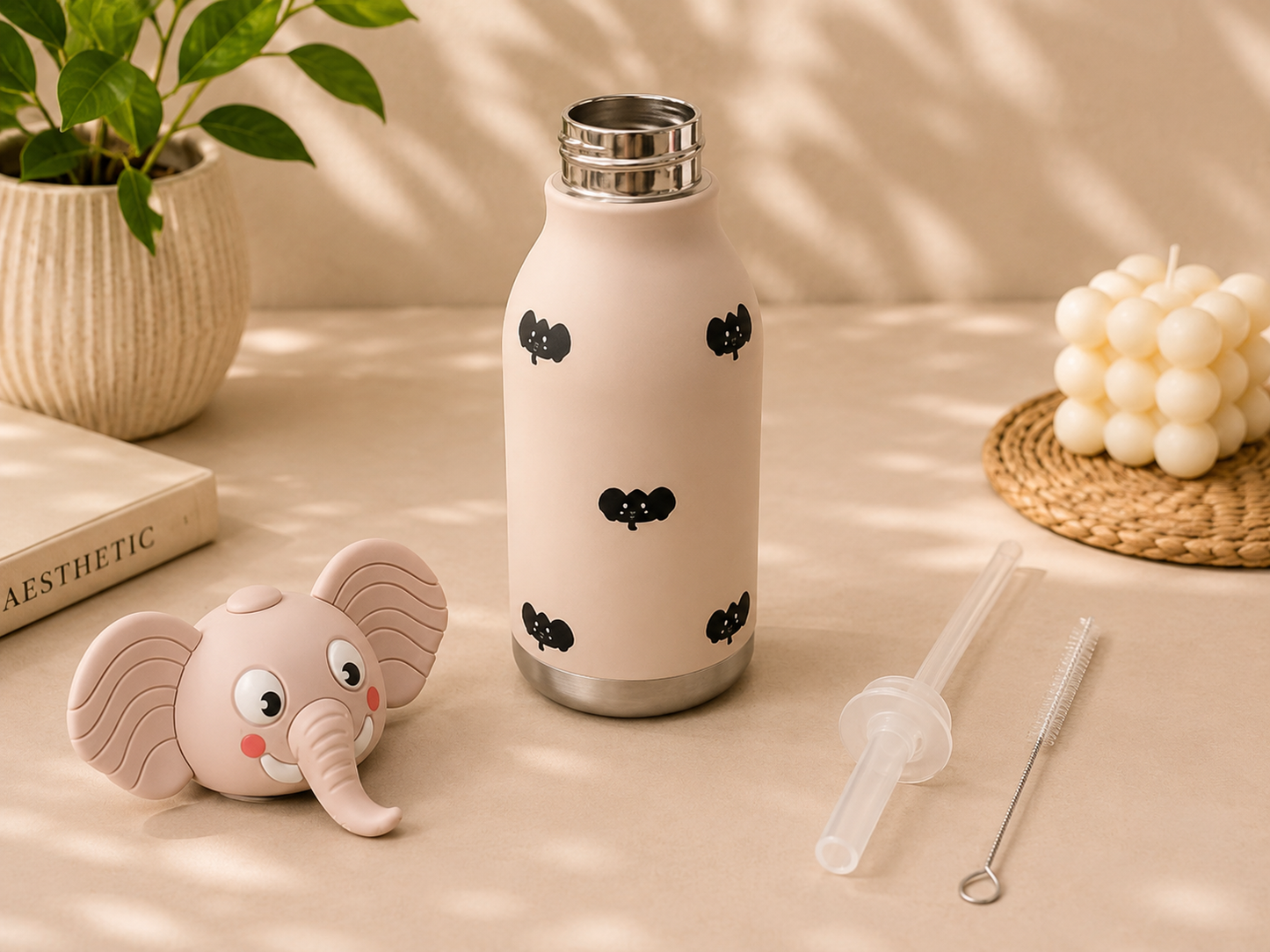 AFRESH 365 Animal Head Collection Elephant Stainless Steel Vacuum Insulated Water Bottle 450ml (16oz) with Straw & Cleaning Brush