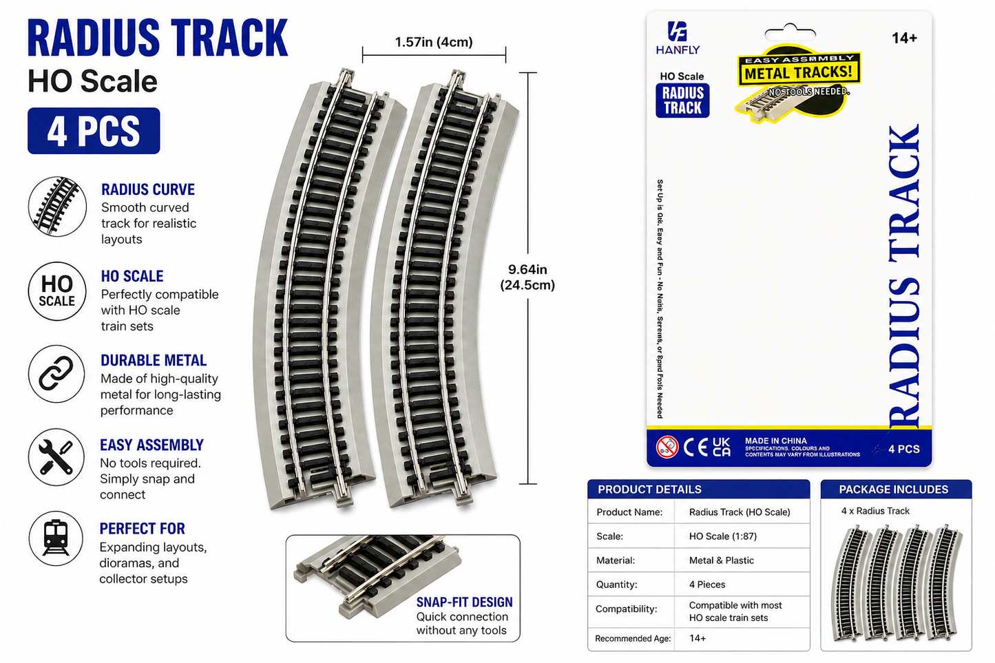 HANFLY R4 66701 HO Scale Radius Curved Track Set (4 Pieces) | Metal Railway Track for HO Model Train Layouts