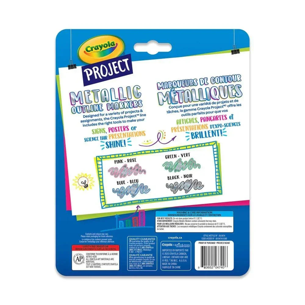 Crayola Project Metallic Outline Markers 4-pack, packaging with color samples and product info