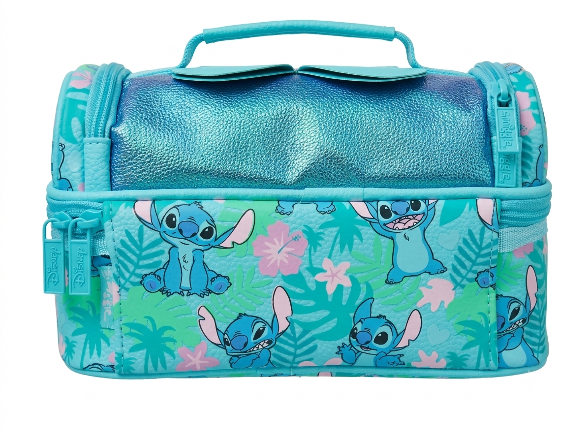 Disney Smiggle Double Decker Lunchbox – Stitch Tropical Print | Insulated Kids Lunch Bag | Blue & Teal