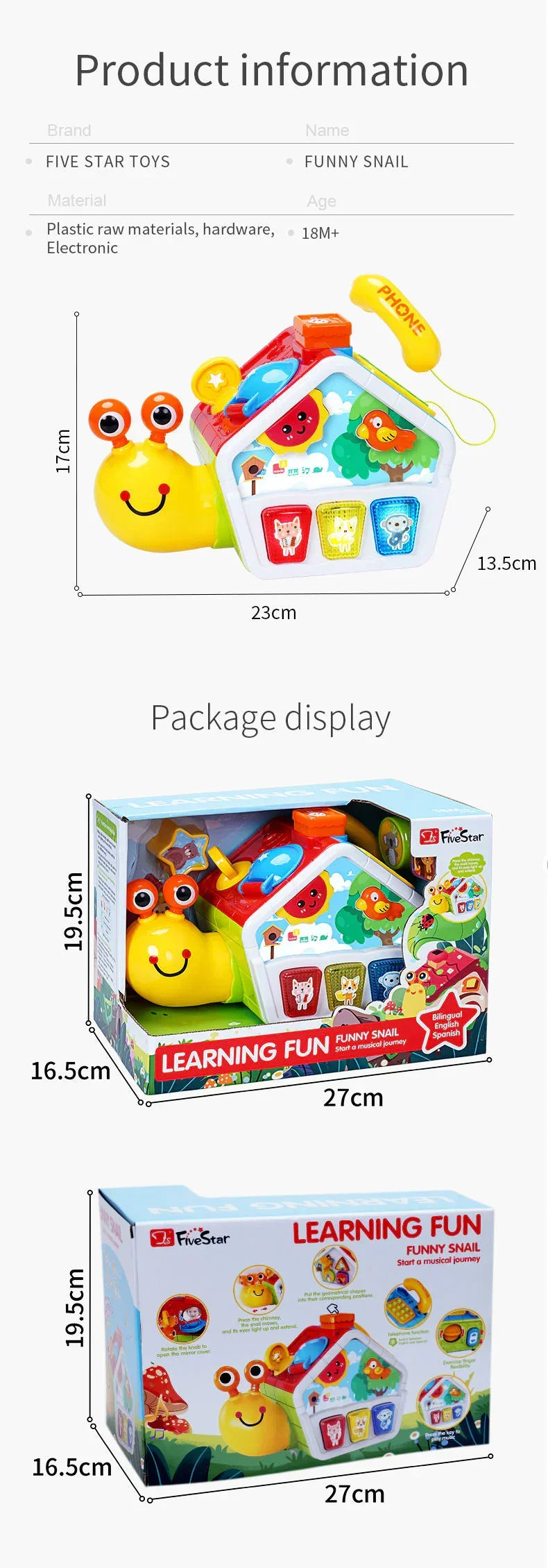 FiveStar Multi-Function Funny Snail Montessori Baby Sensory Activity Cube with Music & Shape Sorter Toy for Kids