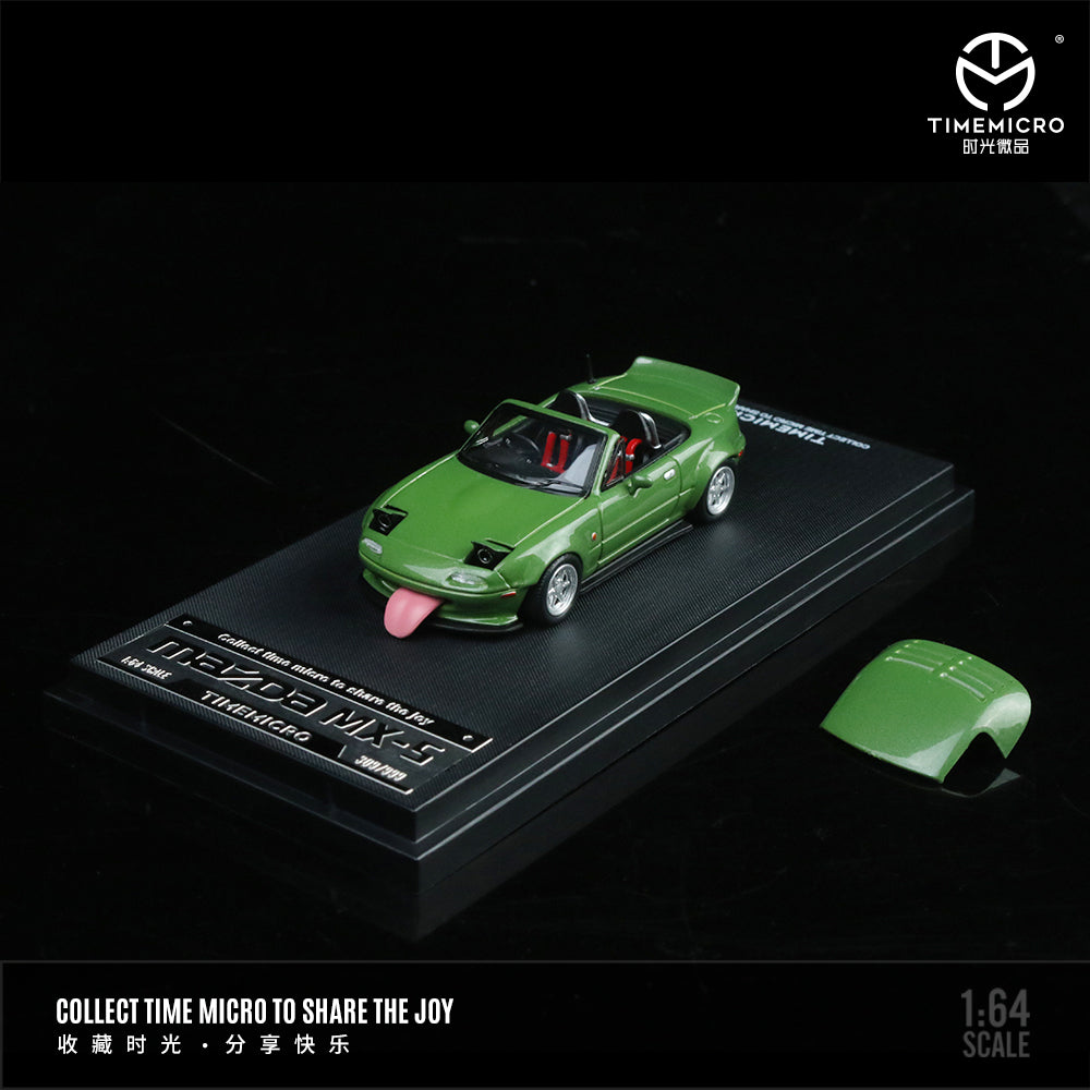 Time Micro Mazda MX-5 Green Figure Edition 1:64 Scale Diecast Model Car | Premium Metal Collector Roadster | Display Base, Acrylic Case & Figure Included | Limited Edition | 14+
