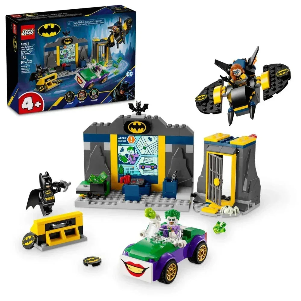 LEGO Batcave playset with Batman, Batgirl, The Joker figures, and colorful Batcave accessories