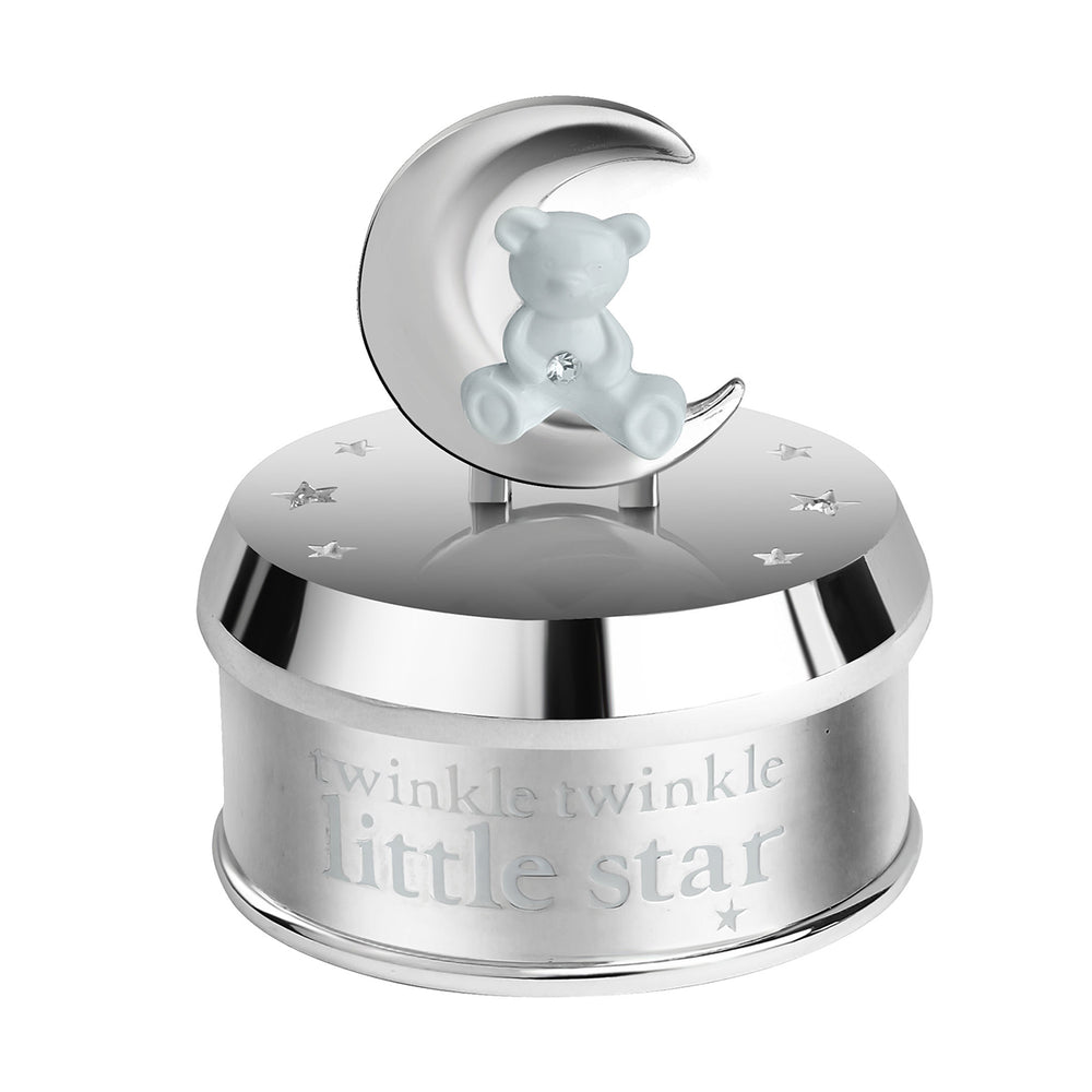 Momentz Twinkle Twinkle Little Star Baby Keepsake Box Blue | Silver Decorative Trinket Box with Teddy Bear & Moon Design