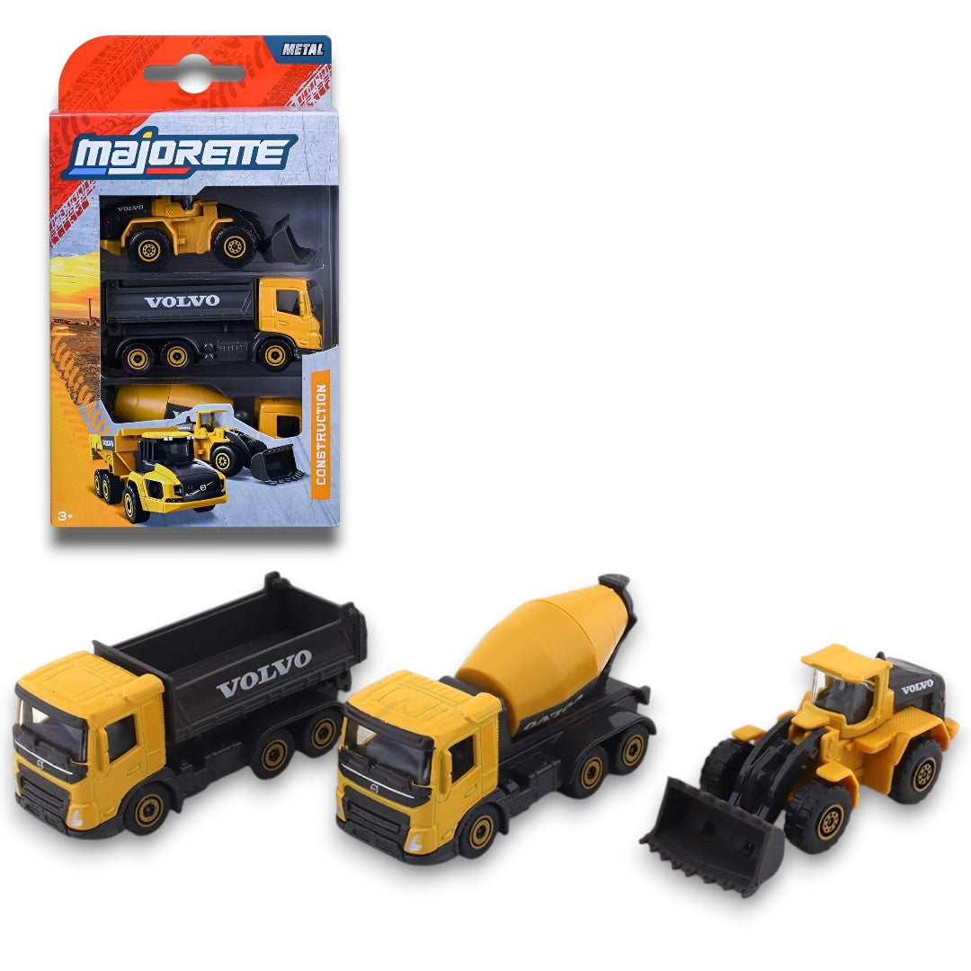 Majorette Volvo Construction Vehicle Set – (Wheel Loader, Cement Mixer & Truck Dumper)3 Piece Die-Cast Construction Trucks Toy Set (3+)