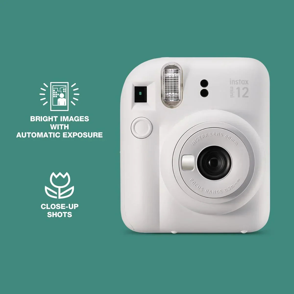 (Damage Box ) Instax Mini 12 Instant Camera With Strap, 2× AA Batteries & User Manual - Clay White