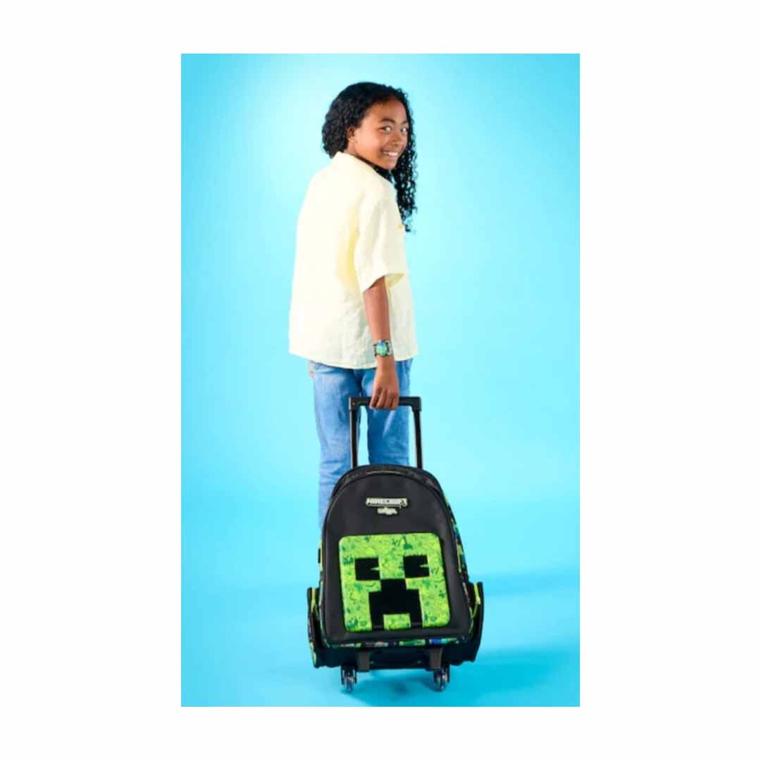 Smiggle Minecraft Creeper 18-Inch Trolley Backpack for Kids – Wheeled School Bag with Extendable Handle