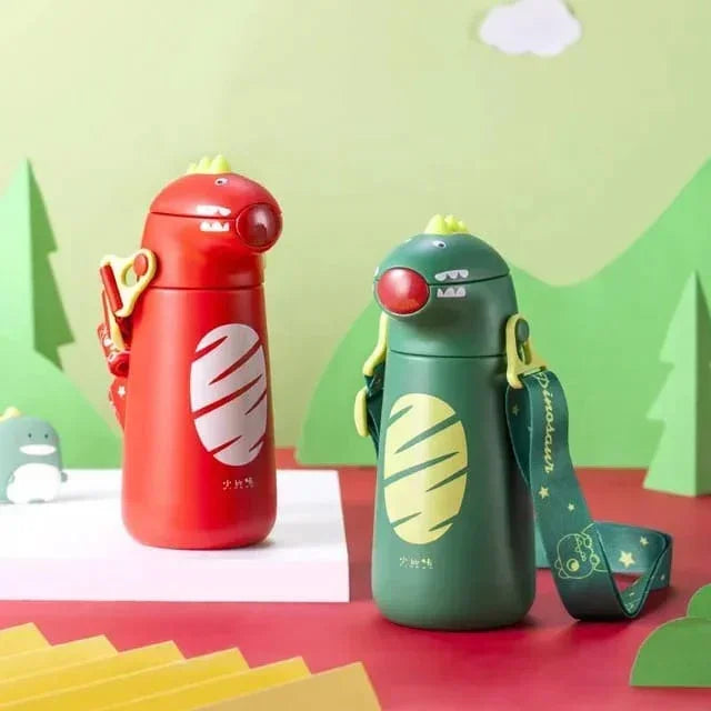 Kids Dino Water Bottle with One-Touch Flip Lid and Straw, Stainless Steel Bottle 400 ML (Green) - Jaiman Toys