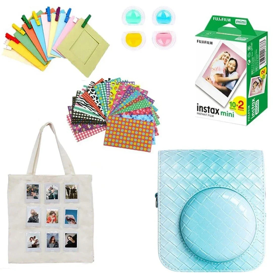 Instax mini camera accessory kit with photo frames, film pack, decorative stickers, tote bag, and blue camera case