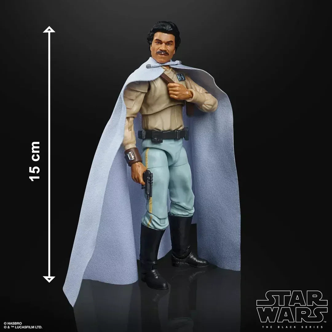 Star Wars Black Series action figure of Lando Calrissian, 15 cm tall, holding a blaster.