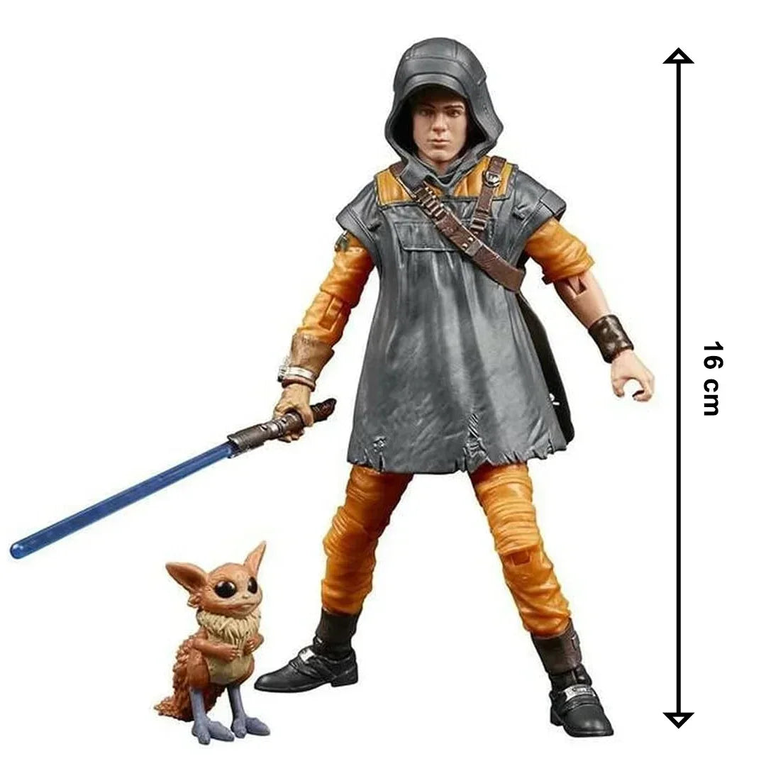 16 cm action figure with blue lightsaber and small creature companion, collectible toy