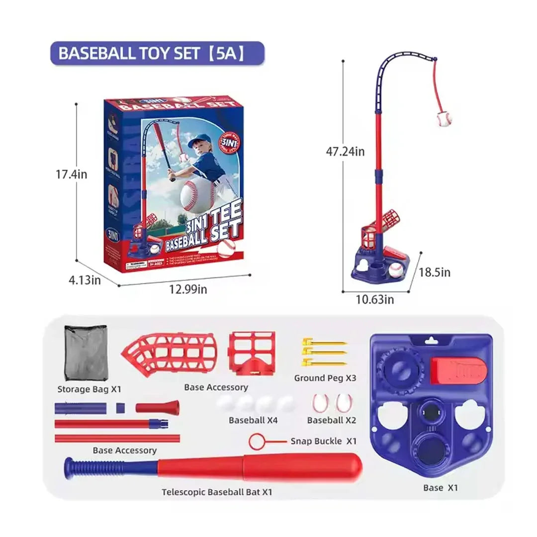 3-in-1 Kids Baseball Set – Tee Stand, Hanging Tee & Ball Launcher with 6 Balls | Adjustable Height Outdoor Game (Ages 3–12) - Jaiman Toys