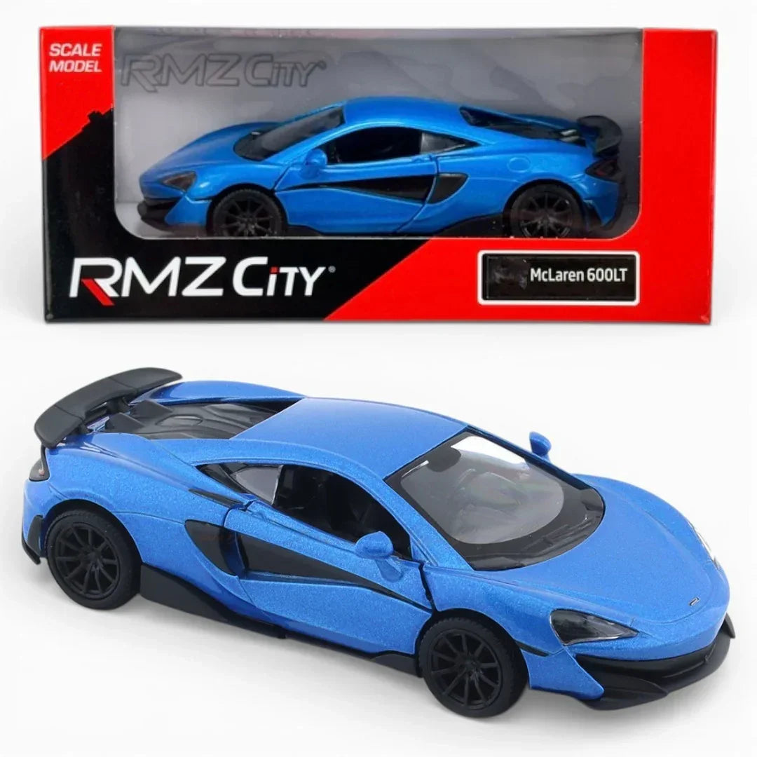 RMZ City 1:36 McLaren 600LT Diecast Car Model – Opening Doors, Pull Back Metal Body Supercar (Blue & Orange Variants)