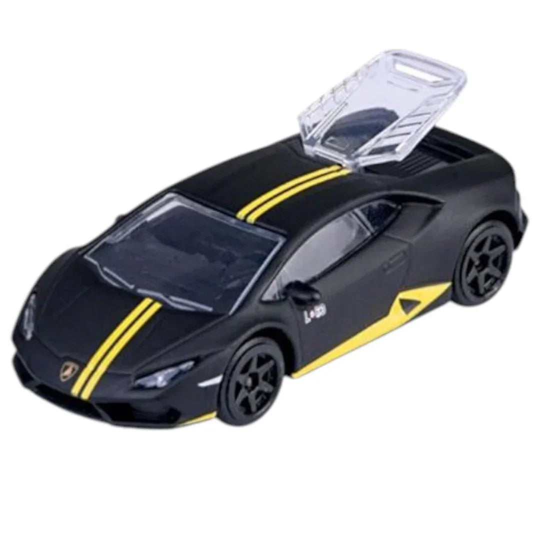 Majorette Lamborghini Huracán Avio Showroom 1:64 Die-Cast Car | Metal Body with Moving Parts | Black with Yellow Stripes | Collectible Model | 3+ Years