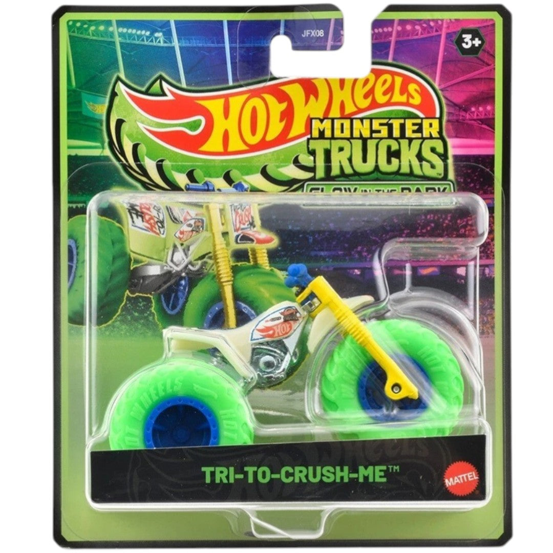 Hot Wheels Monster Trucks Tri-To-Crush-Me Glow in the Dark – 3-Wheel Monster Bike Toy