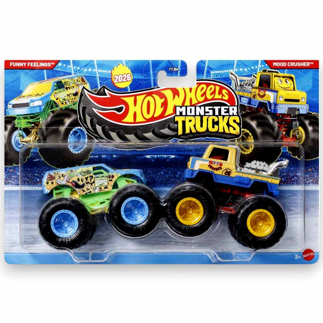 Hot Wheels 1:64 Scale Monster Trucks Funny Feelings + Mood Crusher Die-Cast Truck Set – 2-Pack Monster Truck Toy
