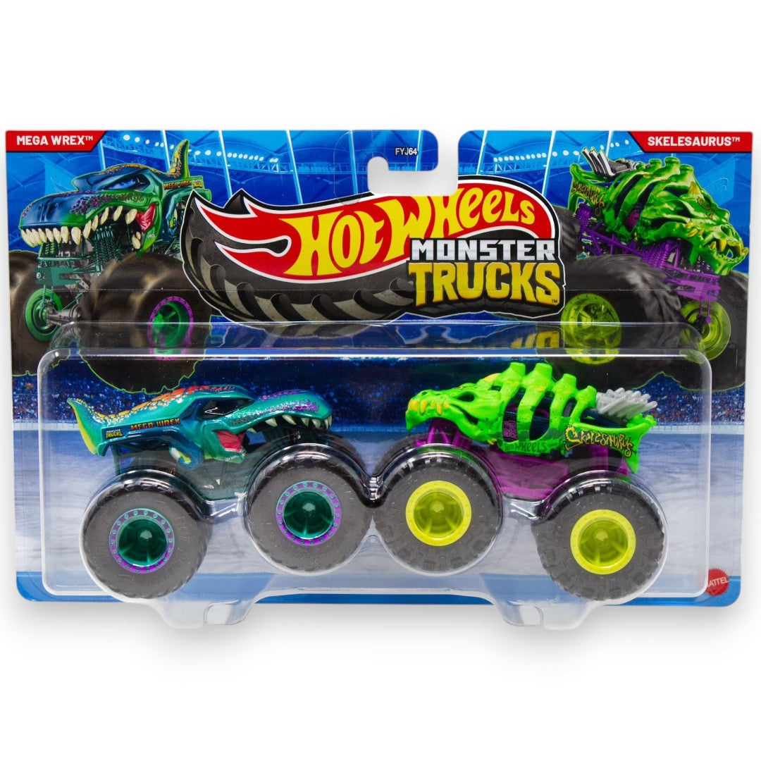 Hot Wheels 1:64 Scale Monster Trucks Mega Wrex & Skelesaurus Die-Cast Truck Set – Dinosaur Monster Truck 2-Pack